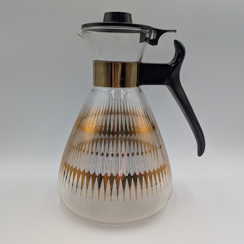 Pyrex Coffee Carafe Glass Gold Atomic Starburst MCM Server with Lid 8 Cup